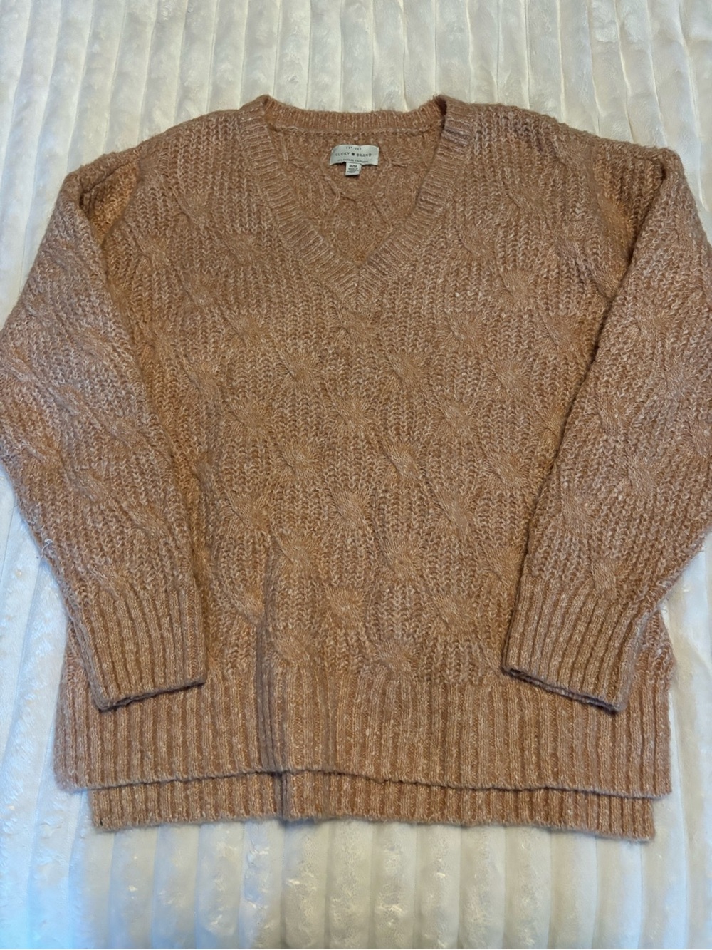 Lucky Brand women’s Cable Knit V-Neck Sweater in Dusty Rose